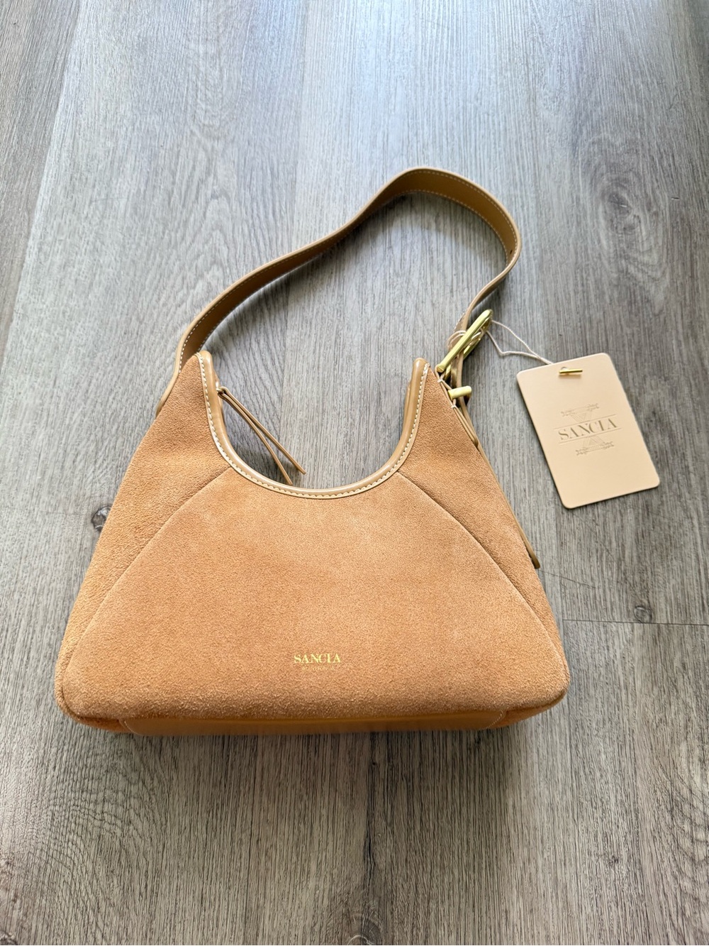 sancia the istria tan 100% suede leather 90's style shoulder bag purse handbag